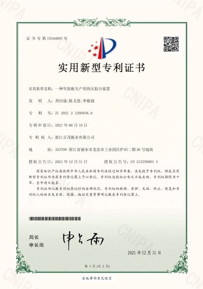 一種竹膠板生產(chǎn)用熱壓膠合裝置實用新型專利證書